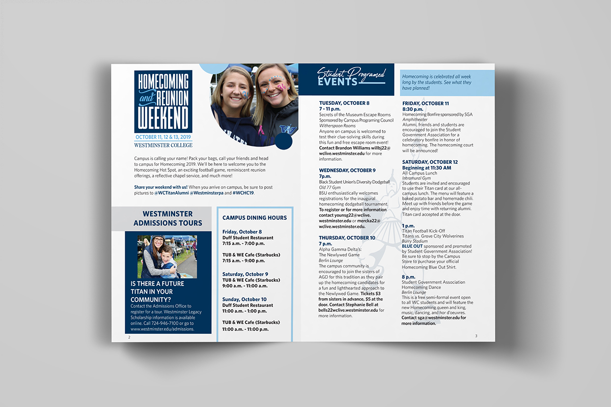 KHart Designs Westminster College Homecomming and Reuninon Brochure pages 2 and 3