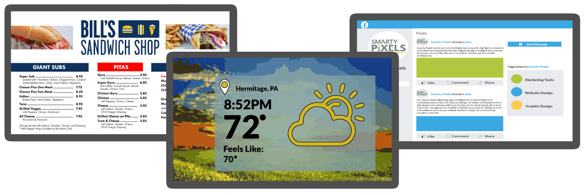 Smarty Pixels slideshow menu board is easy to manage from our cloud-based, digital signage and digital
menu board platform.